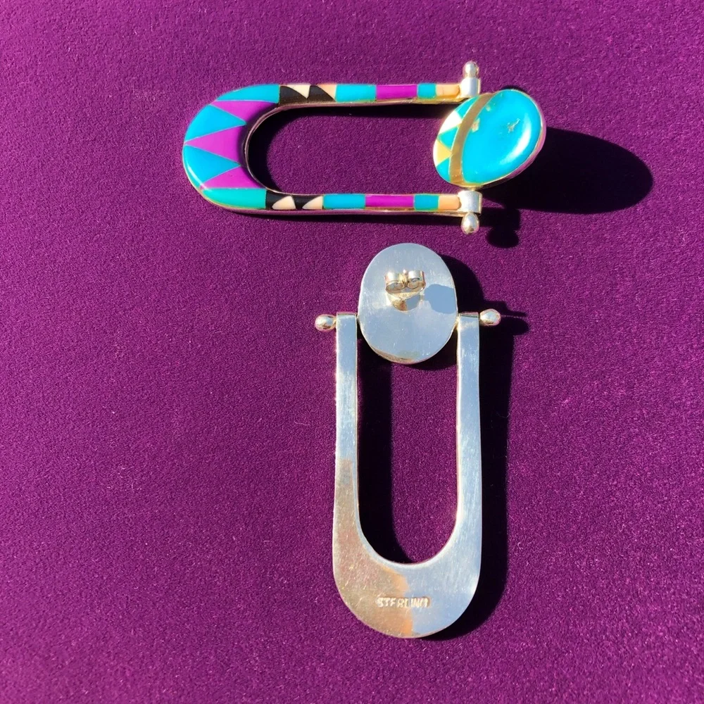 Vintage Native American Zuni - Inlay Earrings in Sterling. - Picture 8 of 8